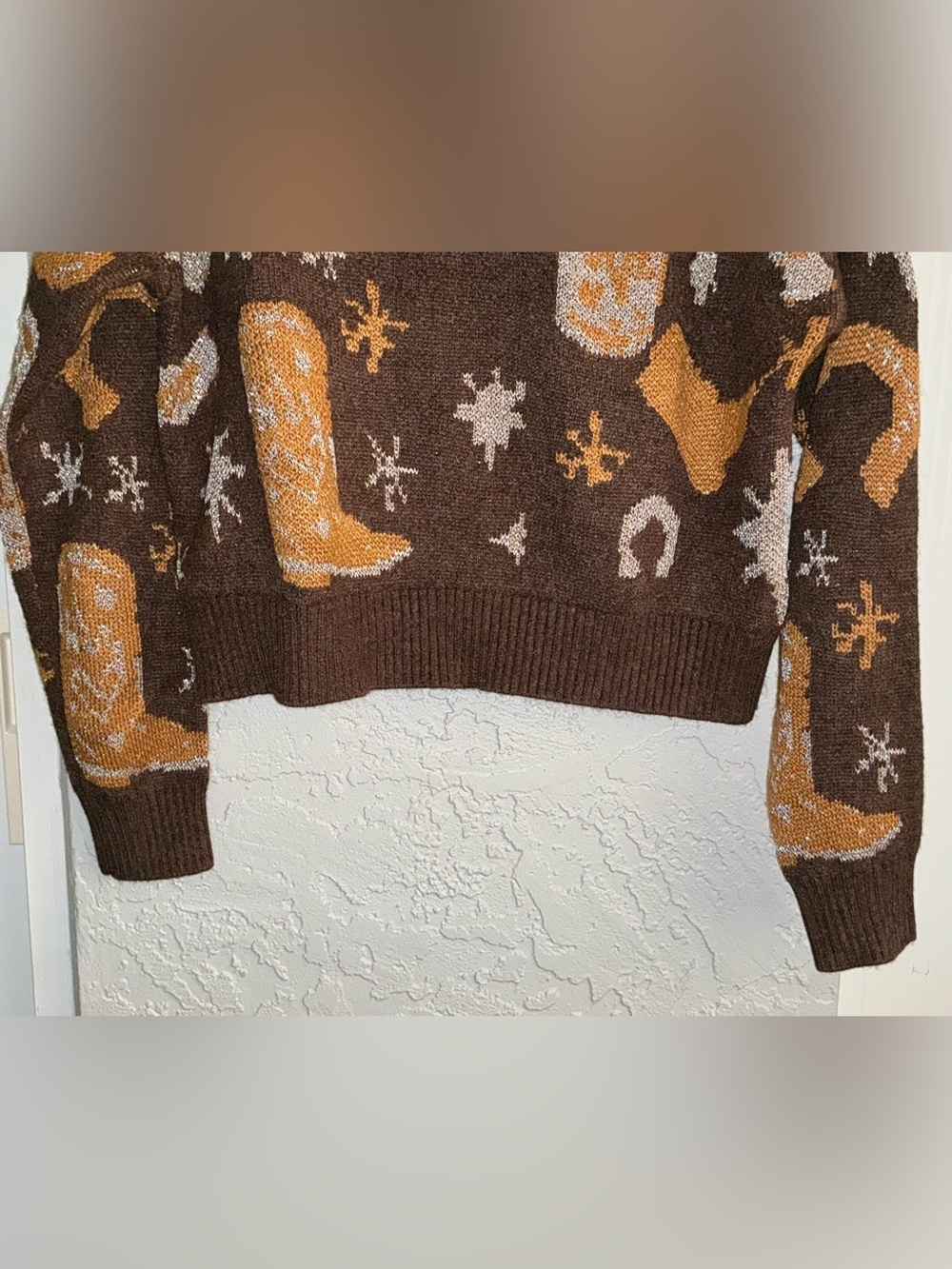Aqua Blues Brown, Mustard & Cream Western Graphic Crewneck Sweater - Picture 3 of 8